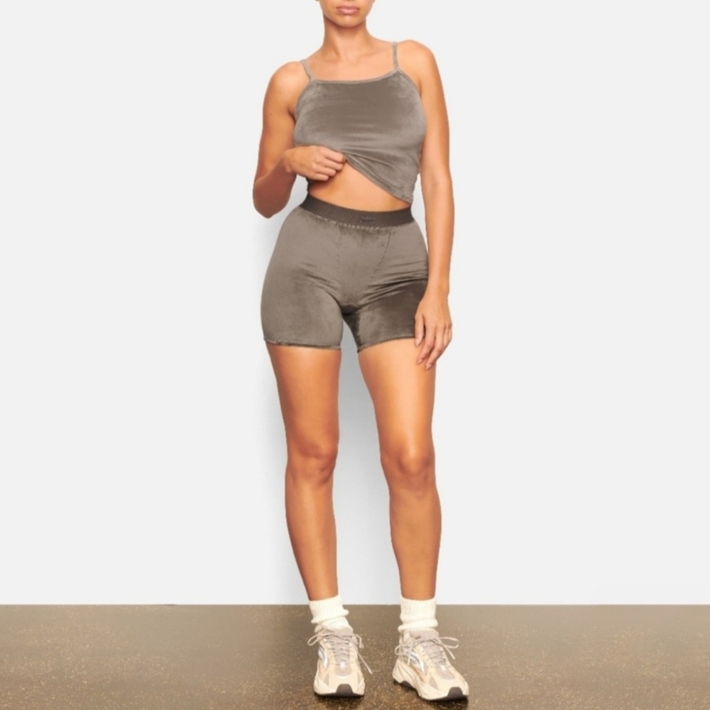 SKIMS Gunmetal Velour Bike Shorts High-Waisted Compression Fit